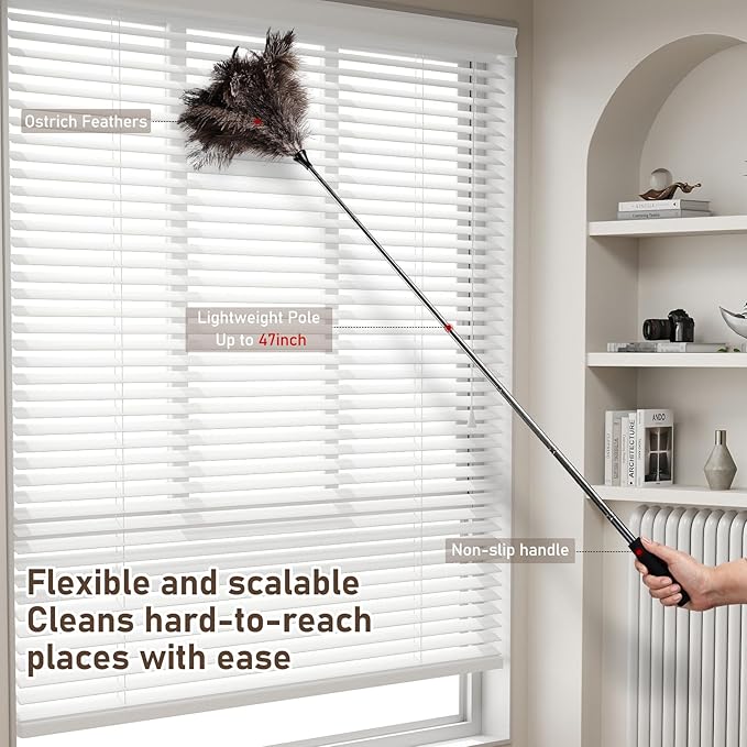 Ostrich Feather Duster 16.5-47Inch Reusable Fluffy Natural Detachable Ostrich Feather Duster Used for Household Cleaning and High-Altitude Cleaning (1PCS)