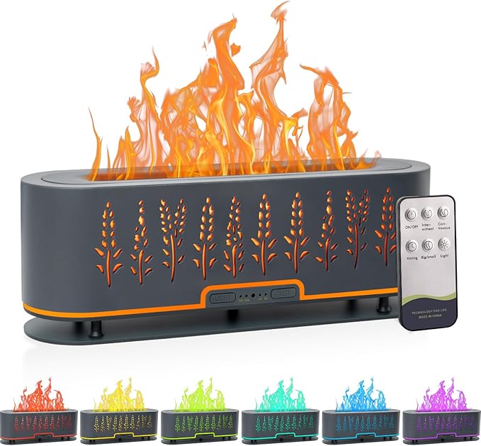 Essential Oil Diffusers, Flame Air Diffuser, 200ml Aromatherapy Diffuser with 2 Mist Mode 4 Timer Up & Waterless Auto-Off Protection for Bedroom Office and Home (Wheat-Gray)