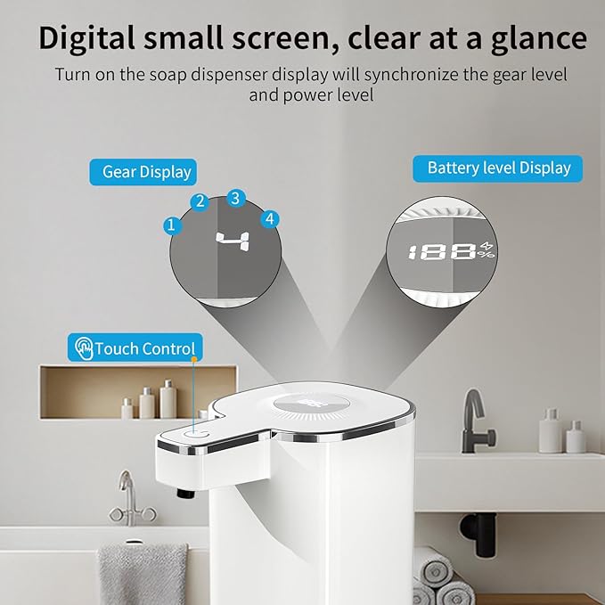 Automatic Soap Dispenser, Touchless Foam Hand Soap Dispenser, 4 Adjustable Gears, 1200mah Rechargeable, Large Display, Suitable for Kitchen, Bathroom, and School. (White, Foaming)