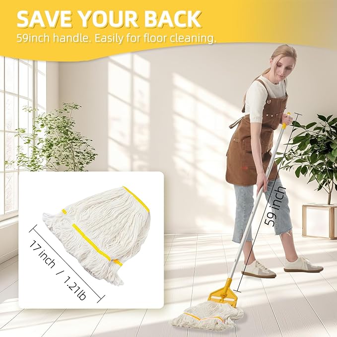 Industrial Heavy Duty Cotton Mop with Two Loop-End String Wet Mop Head,59" Long Handle Looped-End String Wet Cotton Mops for Floor Cleaning