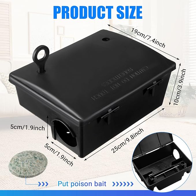 Qualirey 4 Pack Rat Bait Stations Large Rodent with Key Reusable Mouse Stations Mice Blocks Heavy Duty Boxes for Outdoor Rodents Mice Blocks, Bait Not Included, Black (9.8 x 7.5 x 3.9 Inches)
