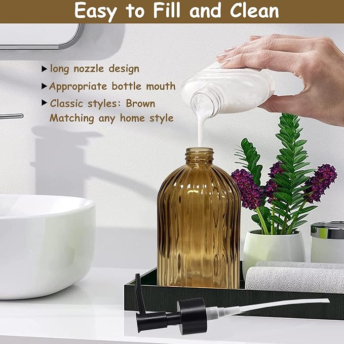 Brown Glass Soap Dispenser Set with Black Pump, 13.5oz Refillable Liquid Hand Dispenser, Vertical Stripe Lotion Dish Soap Dispenser for Modern Home Decor, Bathroom, Kitchen Countertop, Hotel(2 Pack)