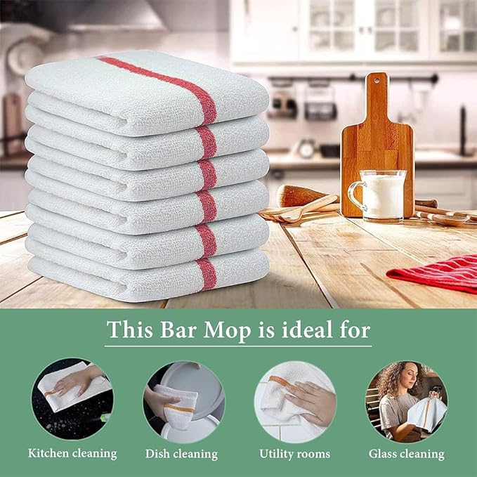 Bar Mop Red Stripe 6 lbs 16x19 Pack of 36, 100% Cotton Double Stitched Route Ready Absorbent Kitchen Towel Dish Towel and Dishcloths Towel Sets Washcloth Kitchen Towels