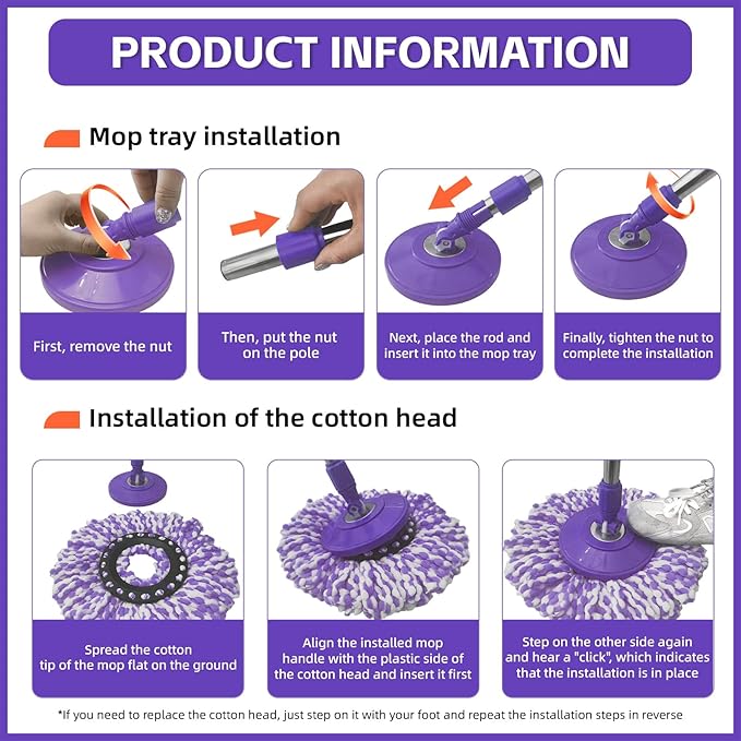 Spin Mop Replacement Handle, 47.6-inch 360 Degrees Rotating Telescopic Replacement Mop Stick with a Robust Stainless Steel Disc for Spin Mop Bucket Cleaning System (Stainless Steel Disc,Purple)