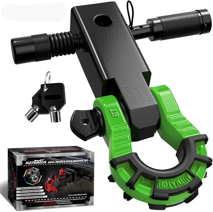 AUTMATCH Shackle Hitch Receiver 2" with 3/4" Mega D Ring Shackle and 5/8" Trailer Hitch Lock Pin, 68,000 Lbs Break Strength Heavy Duty Receiver Towing Kit for Off-Road Vehicle Recovery, Black & Green
