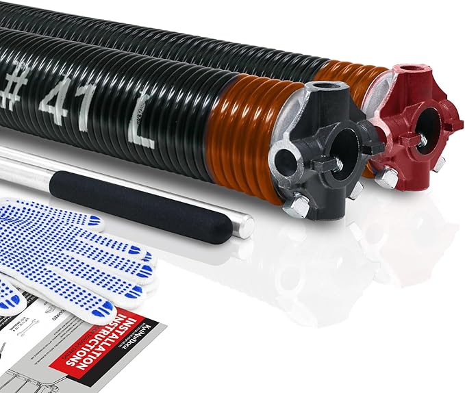 Pair of 2" Garage Door Torsion Springs Set with Non-Slip Winding Bar & Gloves,High Precision Electrophoresis Black Coated, for Replacement & Installation, MIN 16,000 Cycles (0.273x2''x41'')