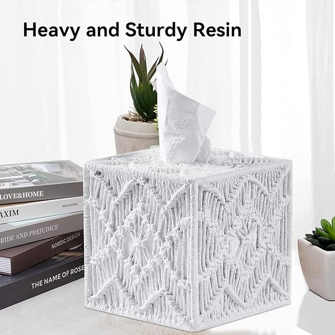 White Woven Macrame Boho Tissue Box Cover Square for Home Decor,Resin Heavy Woven Tissue Box Holder for Bathroom Kitchen Countertop,Bedroom, Vanity, Night Stand, Office Desk Top, Waterproof Durable