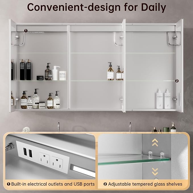 24"x32" Medicine Cabinet Mirror, LED Lighted Medicine Cabinet with Electrical Outlet＆USB, Anti-Fog, 3 Colors Temperature Stepless Dimmable, Aluminum Cabinet for Storage and Mordern Decor