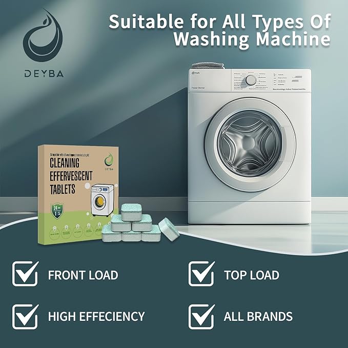 DEYBA Washing Machine Cleaner Tablets – Instant Foaming, Fast Dissolve, Eco-Friendly Odor Removal, Deep Cleaning for HE Front & Top Load, 24 Tablets