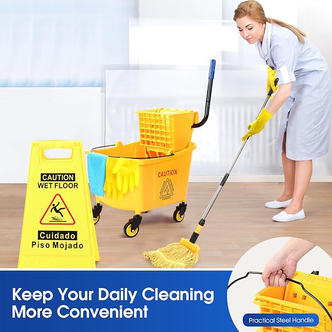 Maxdot 35 Quart Commercial Mop Bucket with Side Press Wringer on Wheels 10 Pcs Set Yellow Industrial Mop and Bucket with Caution Sign 5 Microfiber Cleaning Rag and 2 Gloves Set for Floor Cleaning