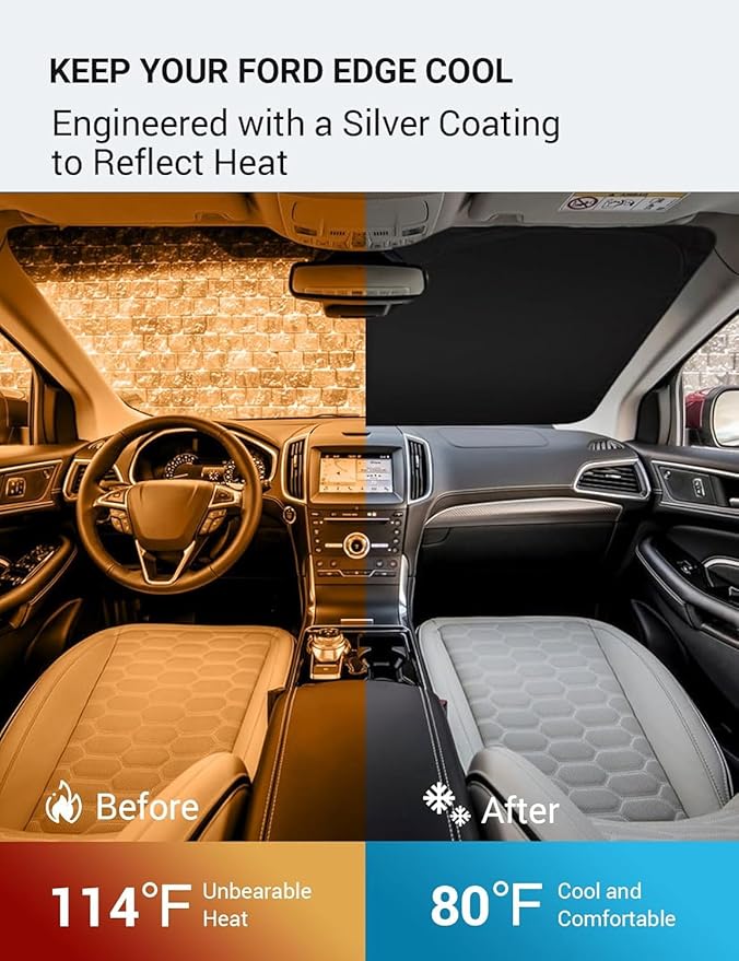 Proadsy 2025 Upgrade Windshield Sun Shade Custom Fit 2015-2023 2024 2025 Ford Edge Foldable Front Sunshade Protector Sun Visor Blocks UV Rays Keep Car Cooler