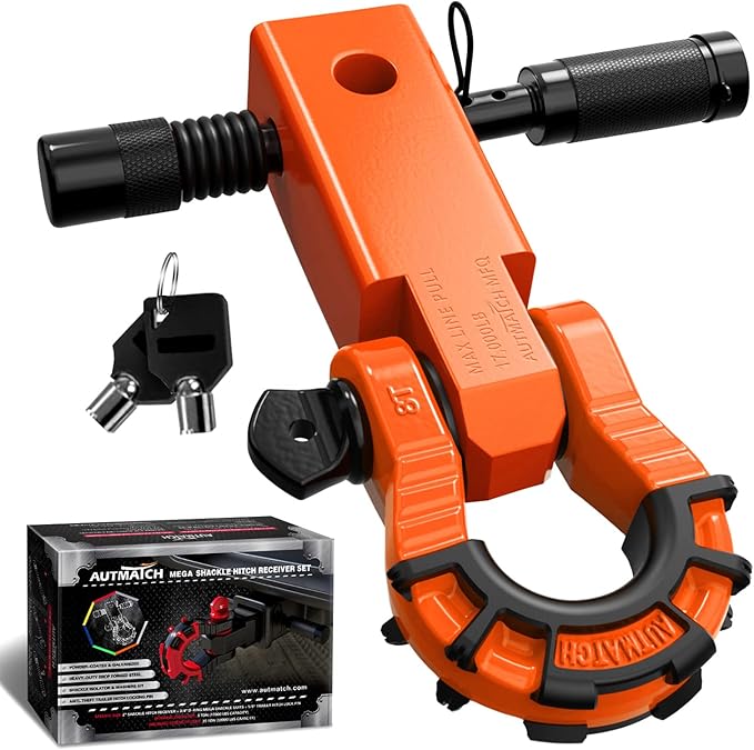 AUTMATCH Shackle Hitch Receiver 2" with 3/4" Mega D Ring Shackle and 5/8" Trailer Hitch Lock Pin, 68,000 Lbs Break Strength Heavy Duty Receiver Towing Kit for Off-Road Vehicle Recovery, Orange