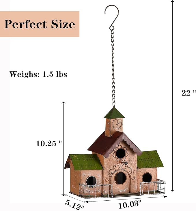 Large Bird Houses for Outside Hanging, 4 Hole Outdoor Bird House with Clock Tower, Easy Clear, Metal Bird Houses for Outside with Perches.