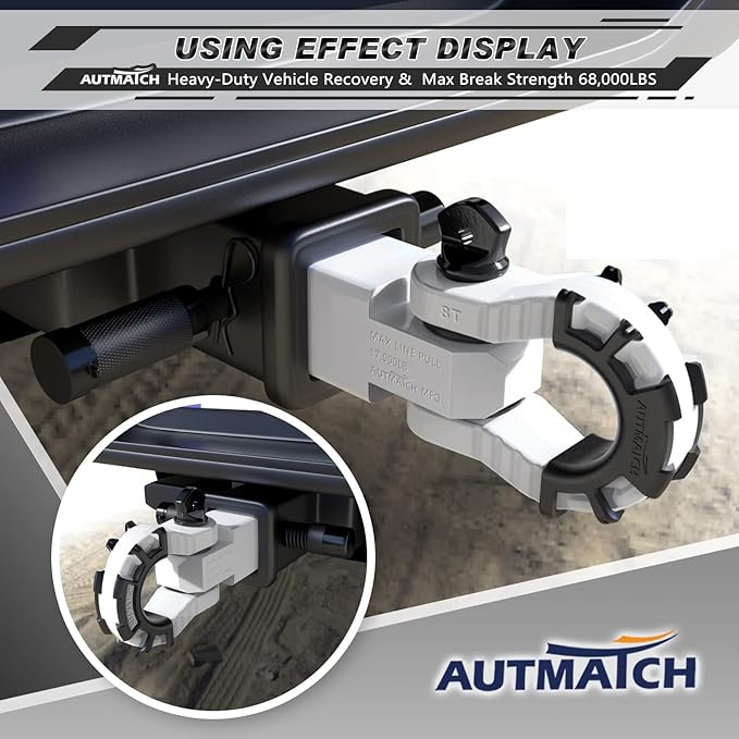 AUTMATCH Shackle Hitch Receiver 2" with 3/4" Mega D Ring Shackle and 5/8" Trailer Hitch Lock Pin, 68,000 Lbs Break Strength Heavy Duty Receiver Towing Kit for Off-Road Vehicle Recovery, White