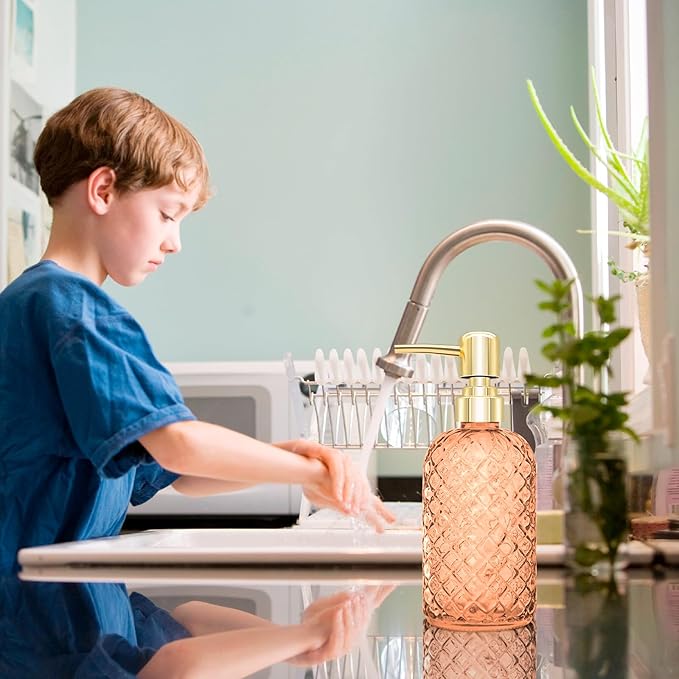 450ml Glass Soap Dispenser with Pump, 16 oz Diamond Cut Design Refillable Liquid Hand Soap Bottle Dispenser for Bathroom, Countertop, Kitchen, Laundry Room, Home Decor Accessories
