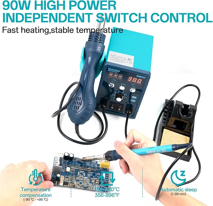 BK8586D Soldering Station 2-In-1 SMD Hot Air Rework Station,Solder Iron Station Kit for Electronics, 5 Soldering Tips, 2 Hot Air Nozzles,Tweezers, Solder Wire,Desoldering Pump,Solder Sucker