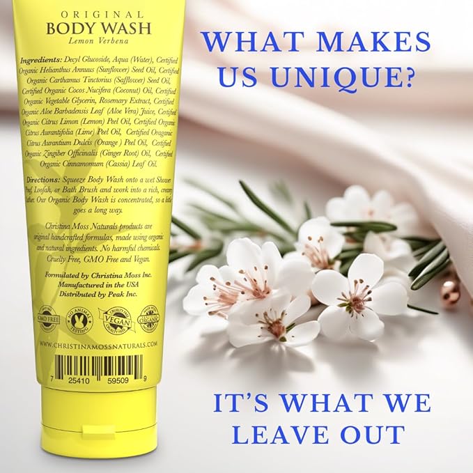 Christina Moss Naturals Verbena Body Wash, Natural & Organic Ingredients, Plant-Based, No Parabens, Sulfates Free, Non-Toxic