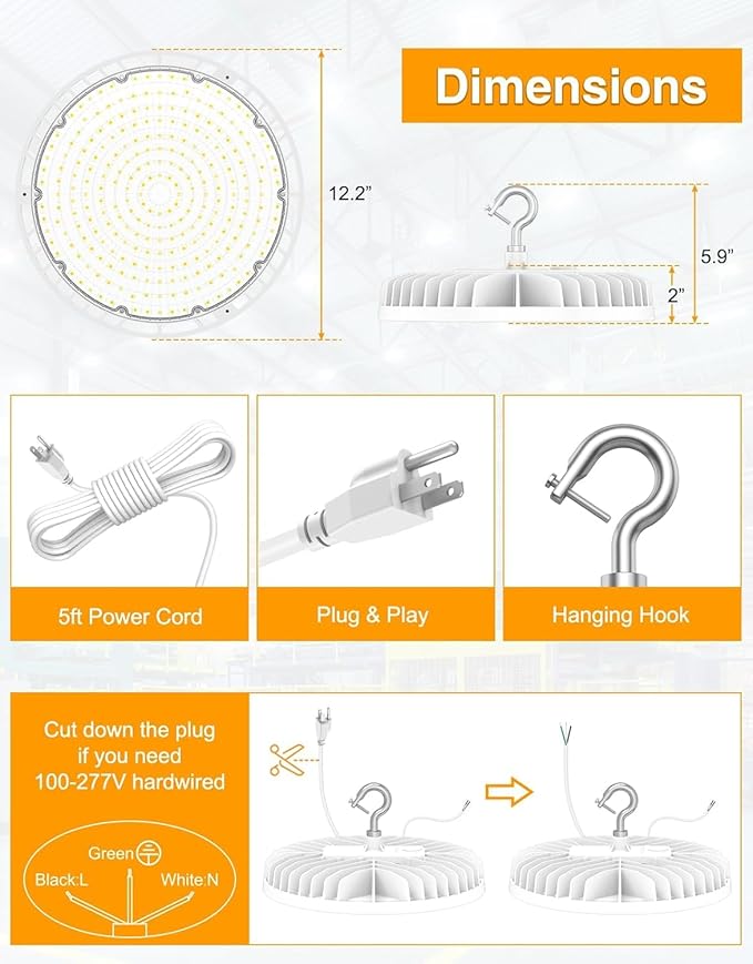 10 Pack High Bay LED Lights ETL DLC Listed Adjustable 240W/190W/140W 4500K/5000K/5700K Dimmable UFO LED Shop Light for Gym Factory Warehouse