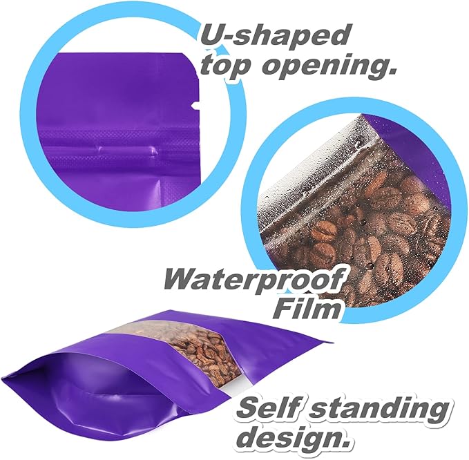 150 Pack Stand up Matte Metallic Storage Bags with Clear Front Window Heat-Sealable Resealable Solid Color Pouches for Food Storage Containers Organizer(Purple,5.9 * 8.6 inch,Pack of 150)