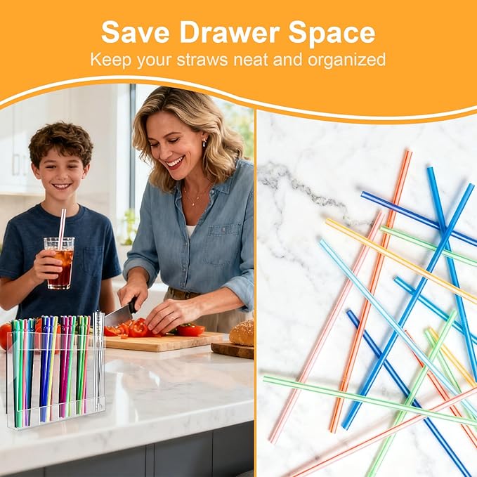 Magnetic Straw Holder Acrylic for Cabinet Reusable Organizer Dispenser 5-Grid Straw Rack Transparent Comes with 4 Double-Sided Tapes and 15 Classification Label Stickers