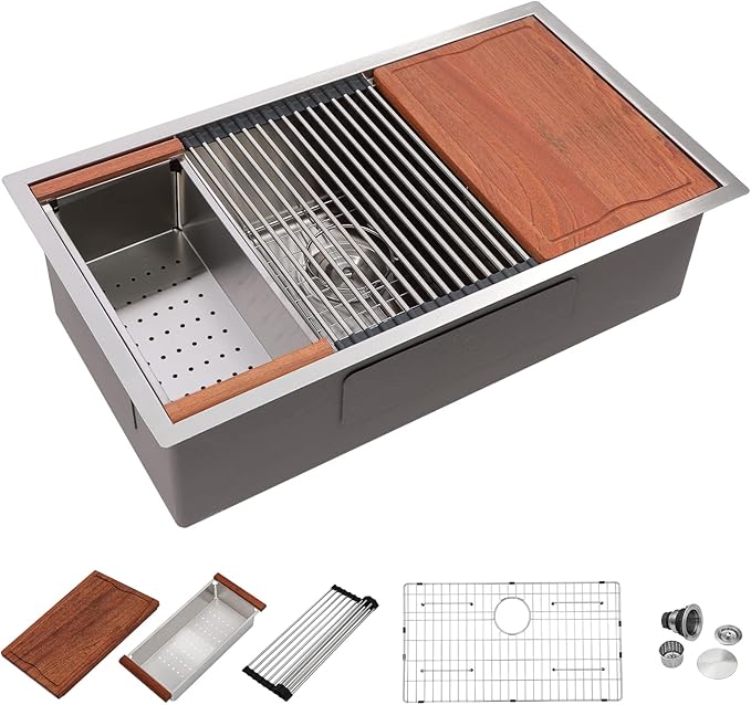 Dcolora 33 in. Undermount Single Bowl Workstation Stainless Steel Kitchen Sink 16 Gauge 304 Handmade Welding with Accessories, Round Corner 33"x19"x10" #DC-U7701