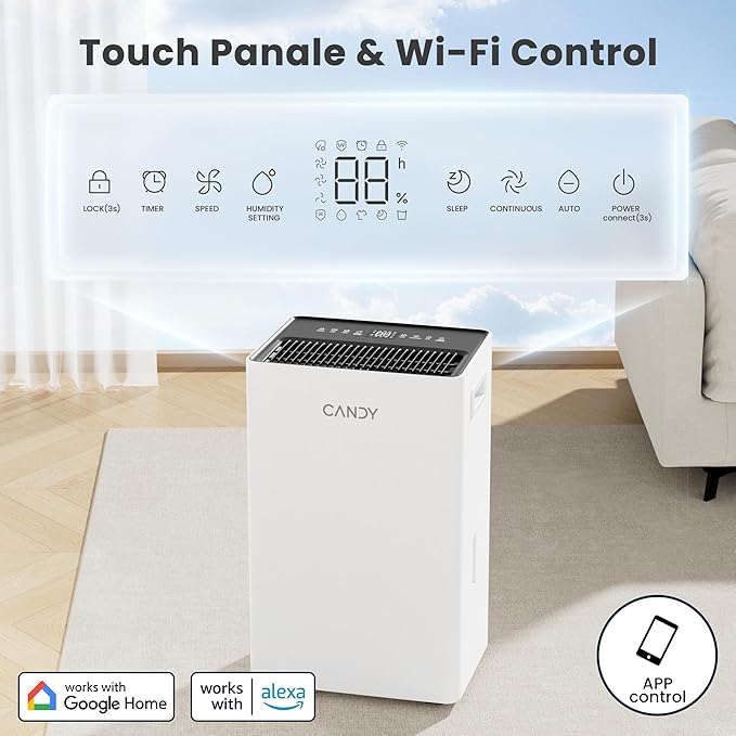 Candy 4500 Sq.Ft Dehumidifier for Basement,Max 80 Pints Dehumidifiers for Home,Cont/Sleep/Auto Mode,1.35 Gal Water Tank with Drain Hose,Portable & Wifi for Large Room,Bedroom,Bathroom,Garage,Laundry