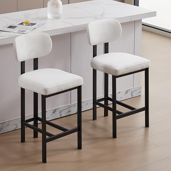 Modern Counter Stools Set of 4, 26" Upholstered Barstools with Back, Sturdy Black Metal Legs Dining Stools with Footrest for Home Pub Kitchen, Cream