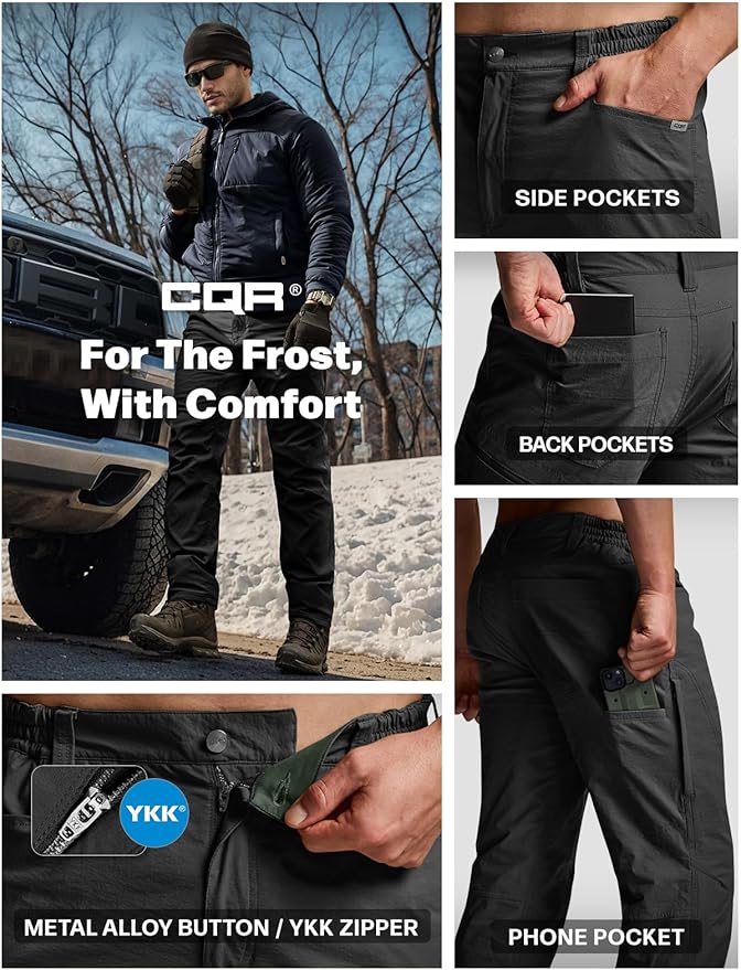 CQR Men's Winter Fleece Lined Pants, Water-Resistant Outdoor Stretch Work Pants, Windproof Casual Pants with Pockets