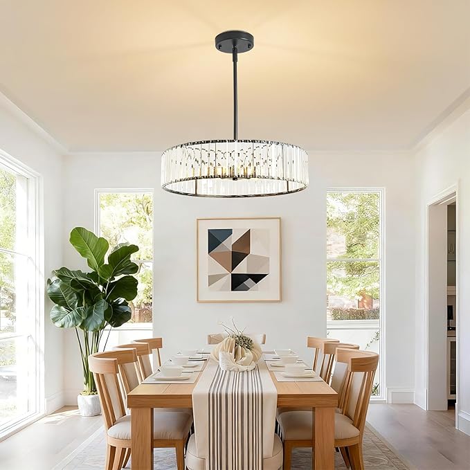 Modern Black Crystal Chandelier for Dining Room,5-Light Semi Flush Mount Ceiling Light Fixtures,20in Bedroom Fixture, Round Kitchen Hanging Drum Pendant Lights for Living Room Foyer