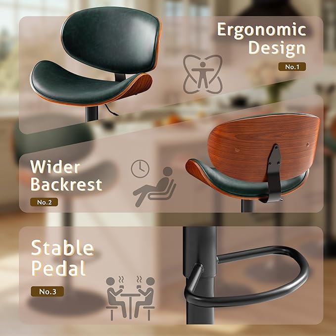 Bar Stools Set of 4 Adjustable Swivel Bentwood Barstools PU Leather Modern Bar Chairs with Back & Footrest for Bar, Kitchen Island, Dining Room (Grenn, Set of 4)