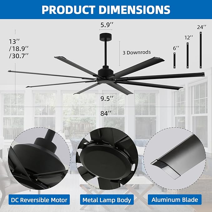 84 Inch Industrial Ceiling Fans without Lights，Large Ceiling Fan with 8 Reversible Aluminum Blades, 6-Speed Remote Control, Home or Commercial Ceiling Fan for Porch，Garage，Shop