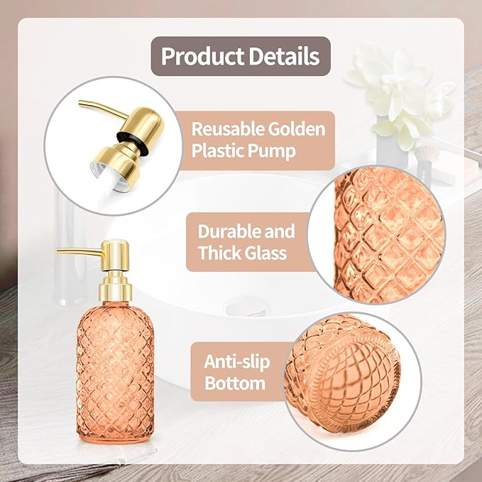 450ml Glass Soap Dispenser with Pump, 16 oz Diamond Cut Design Refillable Liquid Hand Soap Bottle Dispenser for Bathroom, Countertop, Kitchen, Laundry Room, Home Decor Accessories