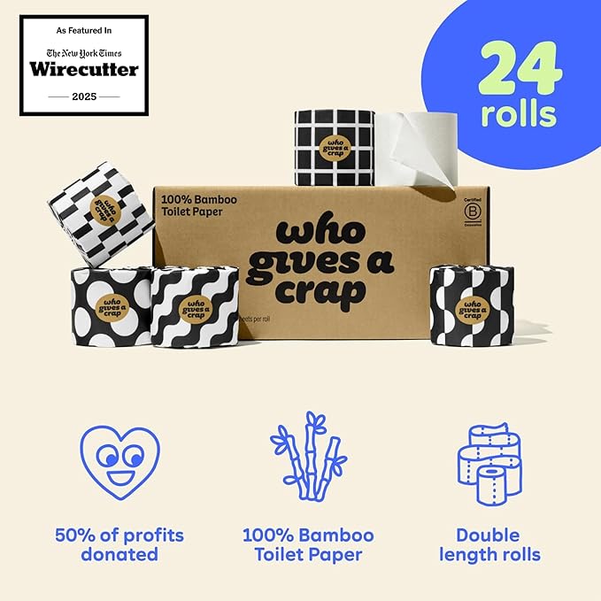 Who Gives A Crap 100% Bamboo Toilet Paper, 24 Rolls, 3 Ply, 330 Sheets, Long, Strong & Soft Toilet Tissue, Renewable, Tree Free Bathroom Tissue Made with Bamboo Fibers