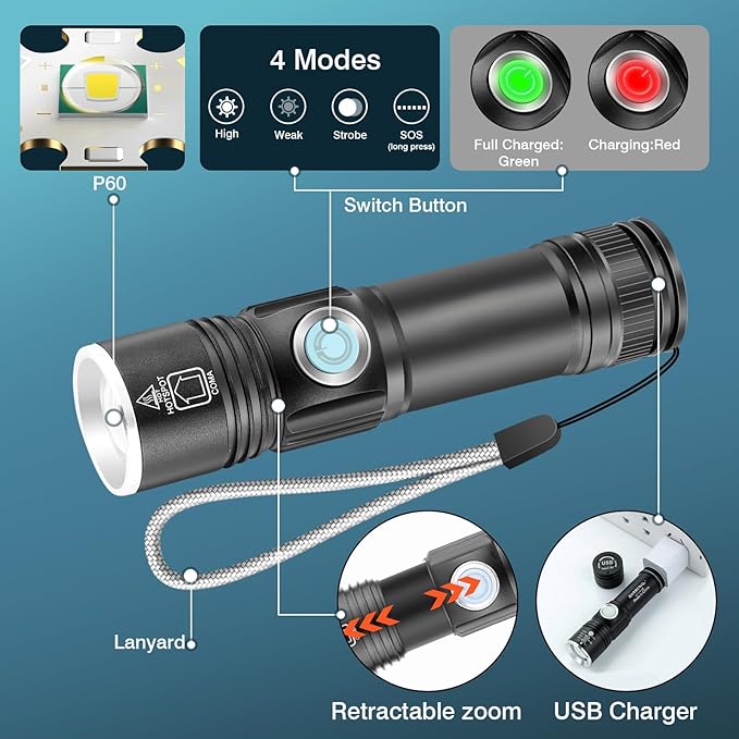NAKCNM 8-Pack Rechargeable LED Flashlights, Super Bright Pocket-Sized Flashlight with USB Charging Port, EDC Flash Light for Home, Camping, Emergency