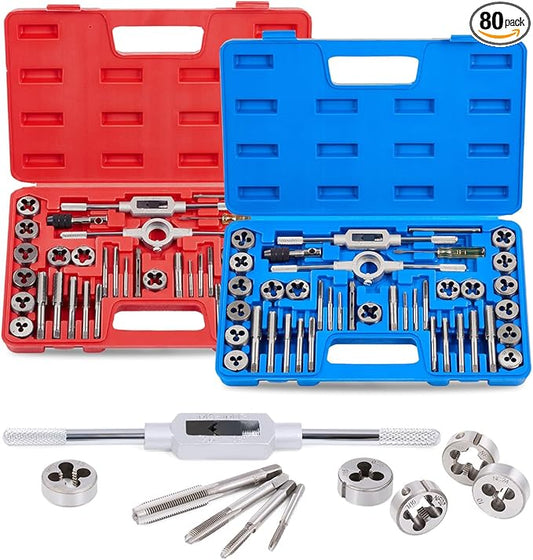 Orion Motor Tech 80pc Tap and Die Set in SAE and Metric Sizes, Metric and Standard Tap Set and Die Tool Set for Internal and External Threading
