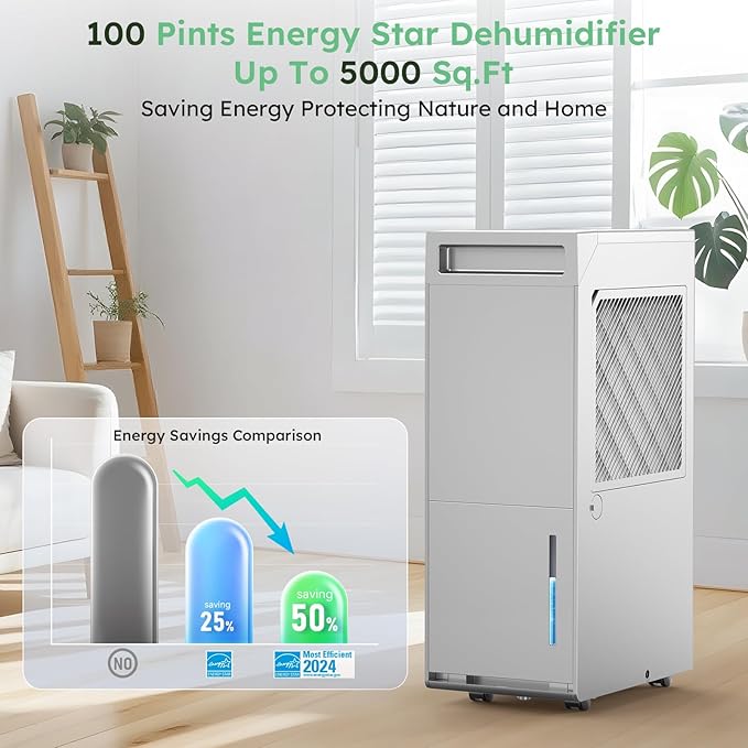 5000 Sq.Ft Energy Star Most Efficient 2024 Dehumidifier with Pump,DECIUU Max 100 Pint (Standard 70 Pint) Dehumidifier for Basement with Drain Hose,Intelligent Humidity Control for Home Bathroom Garage