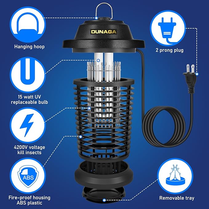 Bug Zapper Outdoor, Mosquito Zapper Indoor, Electric Fly Zapper, Fly Traps, Coverage of 1/2 Acre, 15W Light & 4200V Grid Fly Killer for Home, Backyard, Patio