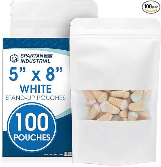 Spartan Industrial - 5" X 8" White Zip Top Food Bags - Pack of 1000 Resealable Smell-Proof Pouches for Packaging Coffee, Tea, Spices, Snacks, and More