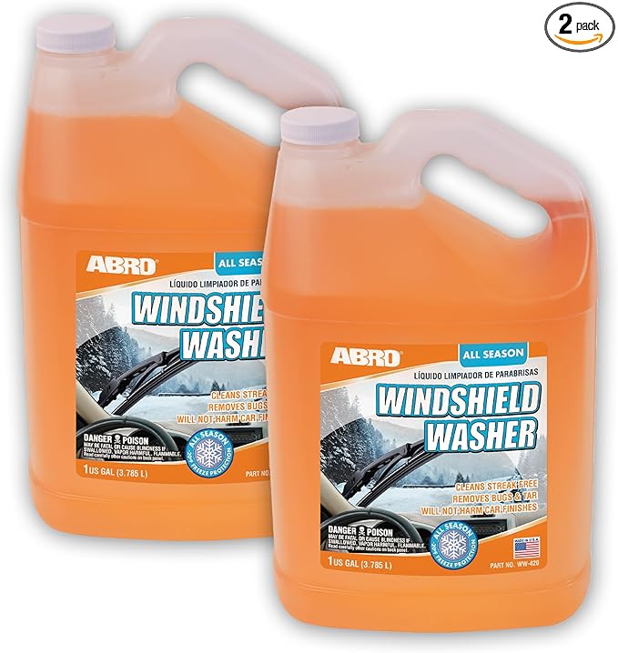 ABRO Car Windshield Washer Fluid: 1 Gallon, All Season/Weather Vehicle Window Cleaner | Streak-Free Clean | Bug and Tar Remover for Cars - 2 Pack
