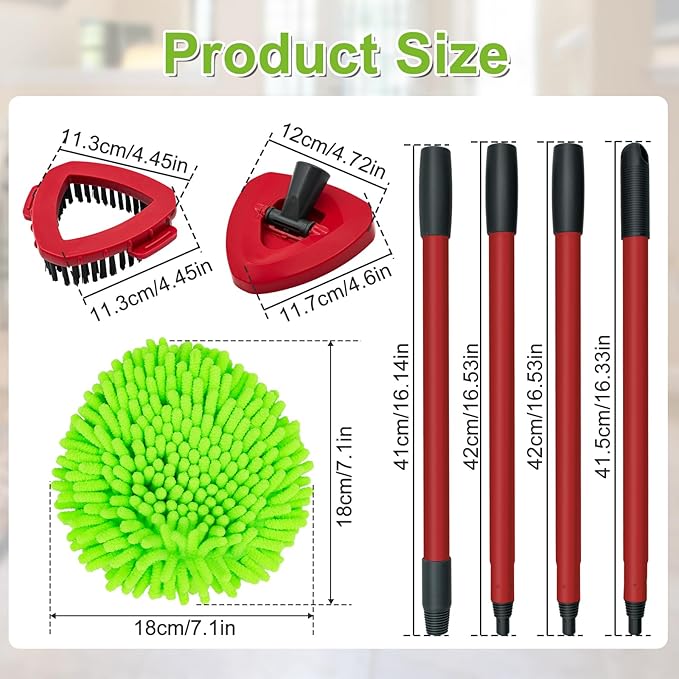 Spin Mop Head, Base, Scrub Brush, Handle Replacement for O-Cedar RinseClean 2-Tank System, Includes 2 Chenille Mop Refills, 4-Section Handle Pole, 1 Scrubber Head, 1 Triangle Base Cover for Ocedar