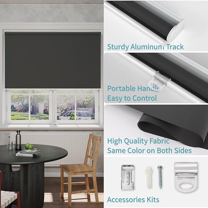 MYshade Blackout Cordless Roller Shades, Room Darkening Free-Stop Roll Up Blinds for Windows, Pull Down Blocking Blind for Home and Office, Easy to Install, 42" X 72", Black