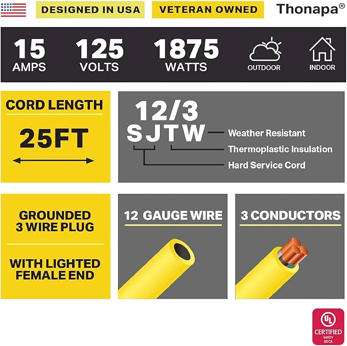 2 Pack Lighted Outdoor Extension Cord 25 ft - 12 Gauge 15 Amp Heavy Duty Power Extension Cords - SJTW - Great for Major Appliances, Power Tools, Garden Supplies - Yellow