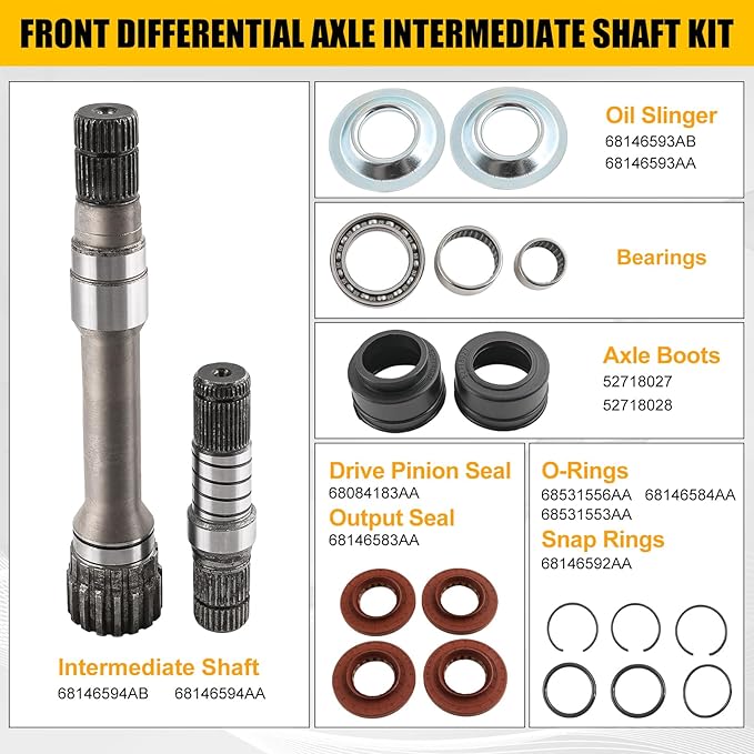 Front Differential Axle Intermediate Shaft Kit Compatible with 2012-2021 Dodge Ram 1500 Inner Axle Shaft Rebuild Kit Replaces 68146594AB 68146594AA 68257420AF 68257421AF 68257422AF 722N695BKA