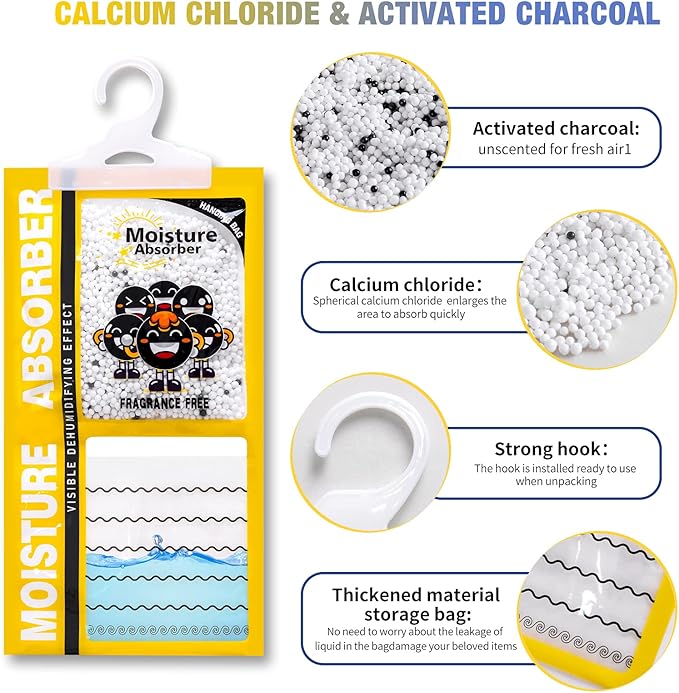 ZSZMFH 15 Pack Moisture Absorber & Max Odor Eliminator Hanging Bag, Charcoal Smell Remove Damp Musty Smell,Hanging Closet Dehumidifier Bags with 25g of Activated Charcoal (220g/pack) Yellow