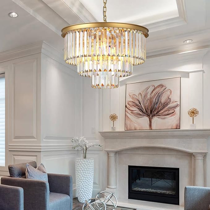 Modern Gold Crystal Chandelier,3-Tier Round Pendant Ceiling Fixture with Height Adjustable Luxury Hanging Chandelier for Dining Room,Living Room,Entryway,Bedroom,Kitchen,and Foyer (Gold Crystal-3)