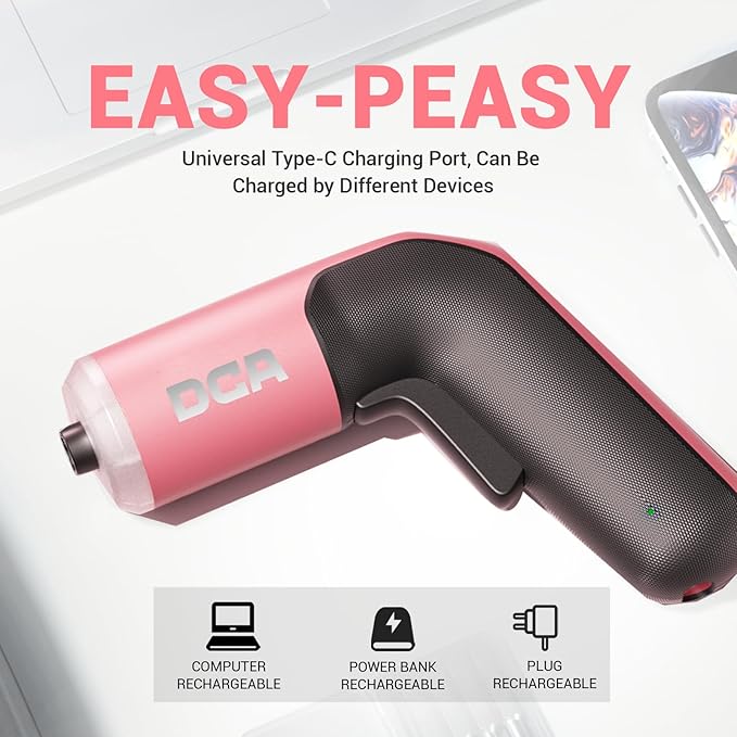 DCA 4V Electric Screwdriver Set, 5 N.m with 2000 mAh Li-ion Battery, 1/4" Magnetic Hex Chuck, USB-C Charging Cable, 18 Driver Bits for Furniture Repairs, Pink