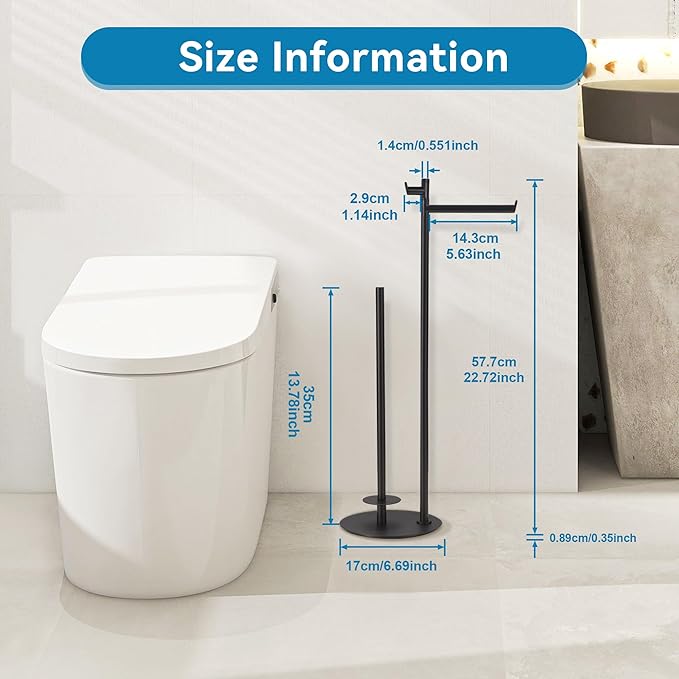 BGL Toilet Paper Holder Stand, SUS304 Stainless Steel Matte Black, Weighted Base, Holds 5 Jumbo Rolls, Space-Saving Modern Bathroom Storage with Built-in Hook