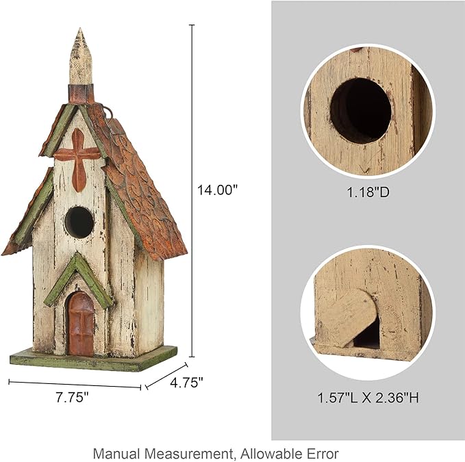 Glitzhome 14" H Hanging Distressed Wooden Church Birdhouse Garden Decor