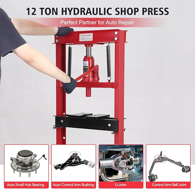 12 Ton Hydraulic Shop Press, H-Frame Garage Floor Adjustable Shop Bearing Press with Stamping Plates to Bend, Straighten, Or Press Parts, Install Bearings & U-Joints