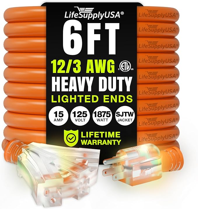 6ft Outdoor/Indoor Extension Cord 3-Outlet 12/3 Gauge Extra Heavy Duty ETL Listed, 3 Prong SJTW, Waterproof, Flexible Cold-Resistant Long Power Cord,15A 125V 1875W, Orange by LifeSupplyUSA